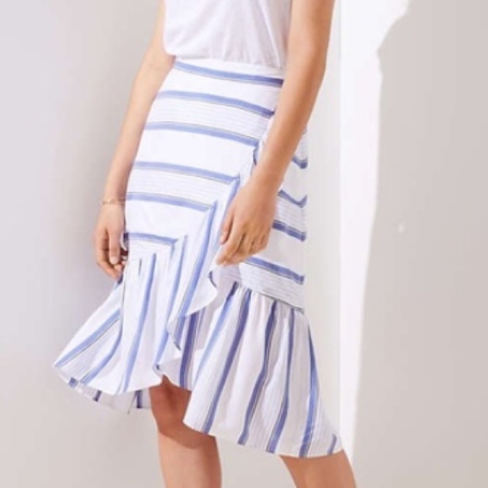 LOFT Striped Ruffle Skirt Cottagecore Spring Faux Wrap Skirt - Picture 2 of 7